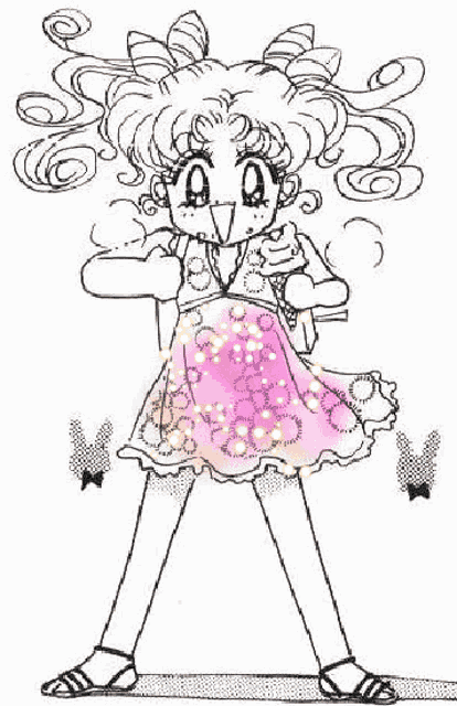 a black and white drawing of a girl in a dress holding a ice cream cone .