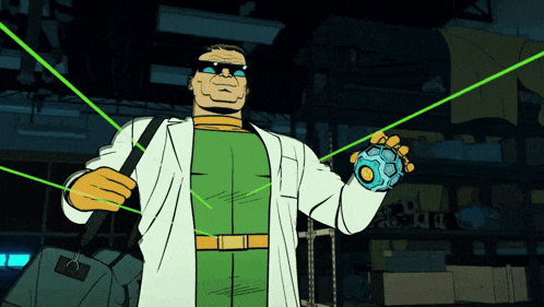 a cartoon of a man in a lab coat holding a green object