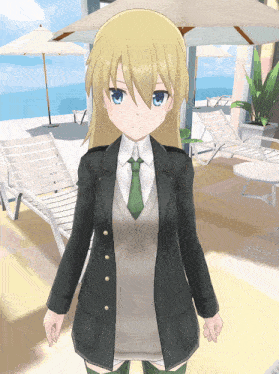 a girl in a suit and tie is standing in front of a pool