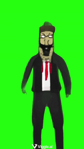 a man in a suit and tie is dancing on a green background