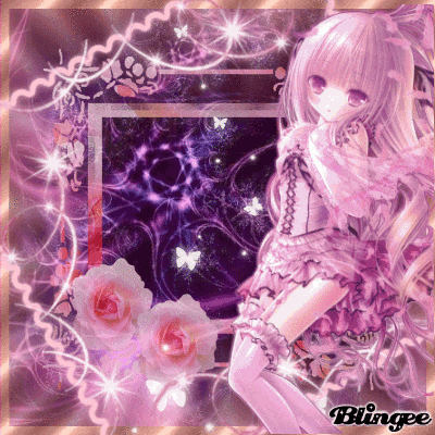 a girl in a pink dress is surrounded by pink roses and butterflies with the word blingee on the bottom