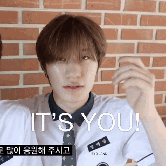 a boy in a school uniform says it 's you in front of a brick wall