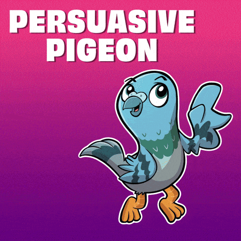 a cartoon pigeon on a purple background with the words persuasive pigeon above it