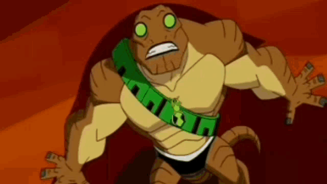 a cartoon character from ben 10 is wearing a green belt and a belt with a globe on it .