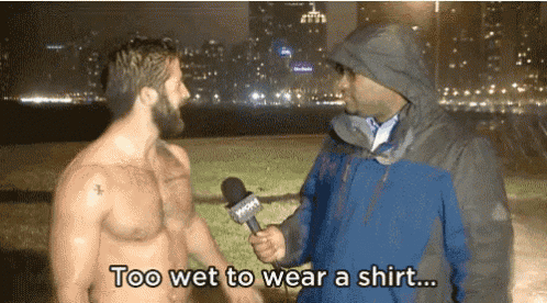 a shirtless man is being interviewed by a reporter who says too wet to wear a shirt ..