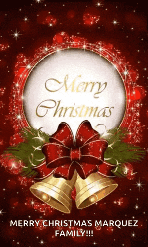 a merry christmas greeting card with bells and a bow