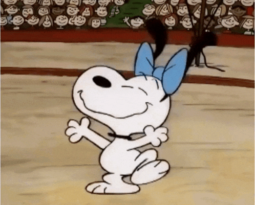 a cartoon of snoopy dancing in front of a crowd of people