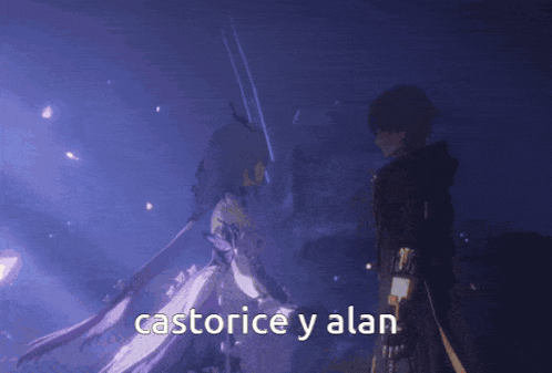 a video game scene with the words castorice y alan