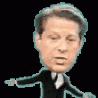 a pixelated image of a man in a suit and tie with his arms outstretched