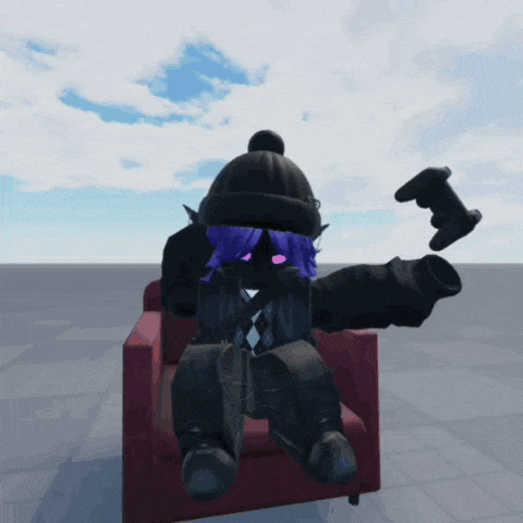a girl with purple hair is sitting in a chair holding a game controller