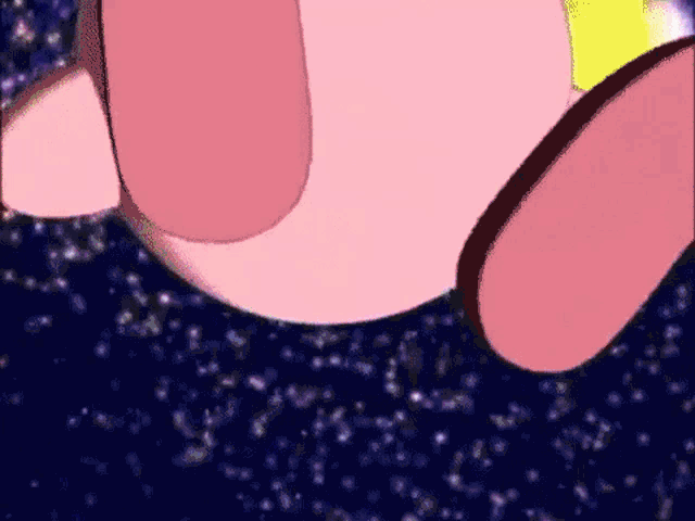 a close up of a pink cartoon character flying through space