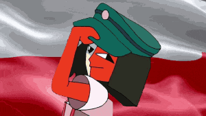 a cartoon character wearing a green hat stands in front of a red and white flag .