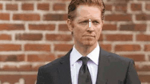 a man in a suit and tie is standing in front of a brick wall and looking at the camera .