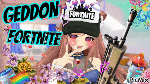 a girl is wearing a fortnite hat and holding a rifle