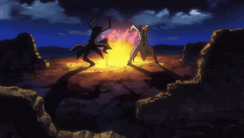 a couple of cartoon characters standing in front of a fire