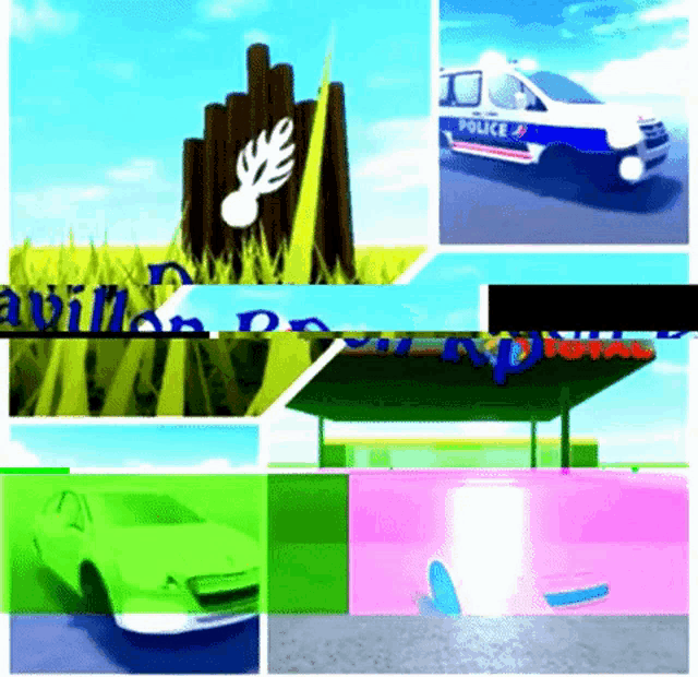 a collage of images including a police van and a car