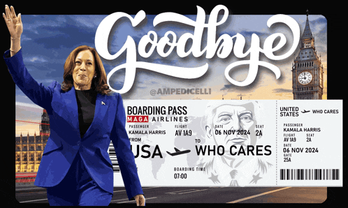 a woman in a blue suit stands next to a boarding pass