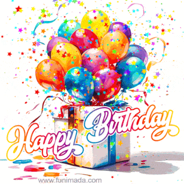 a birthday card with balloons and confetti and the words happy birthday