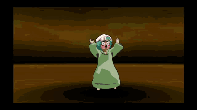 a cartoon character in a yellow outfit with a red face is standing next to another character in a green outfit