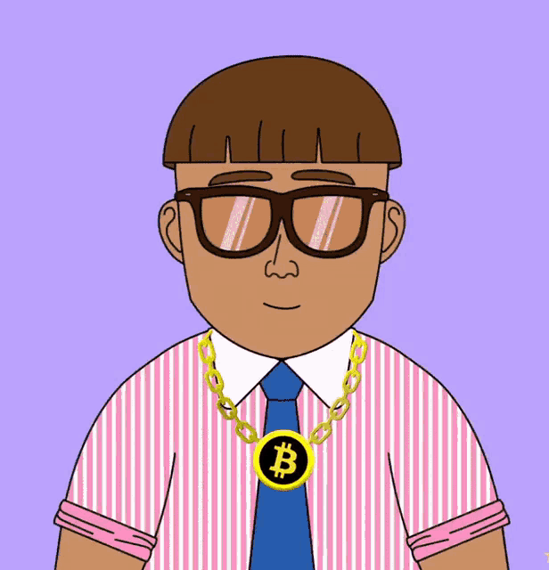 a cartoon of a man wearing a striped shirt and tie with a gold chain with the letter b on it