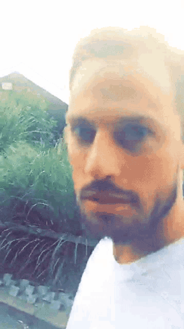 a man with a beard wearing a white t-shirt looks at the camera