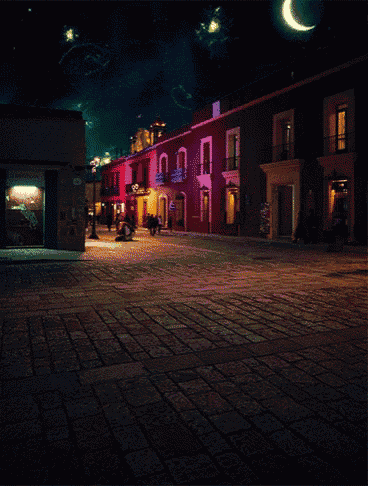 a painting of a city at night with a blue sky