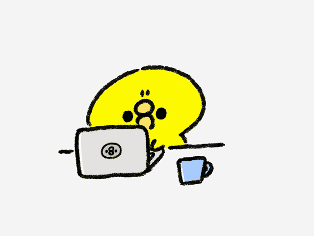 a cartoon drawing of a yellow chicken sitting in front of a laptop with the number 8 on it
