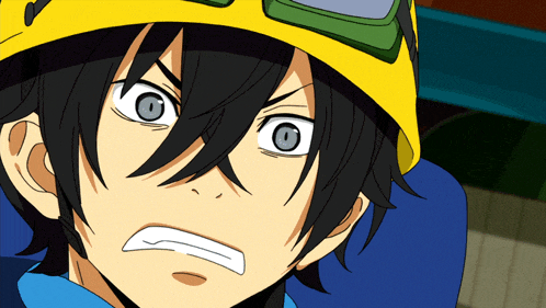 a close up of a cartoon character with a yellow helmet on