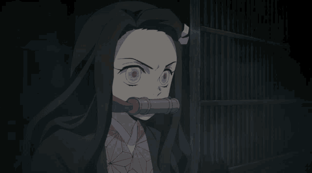a girl with long hair and red eyes is standing in the dark