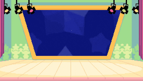 a pixel art of a stage with spotlights and a blue screen