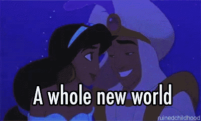 a cartoon of a man and a woman with the words `` a whole new world '' .