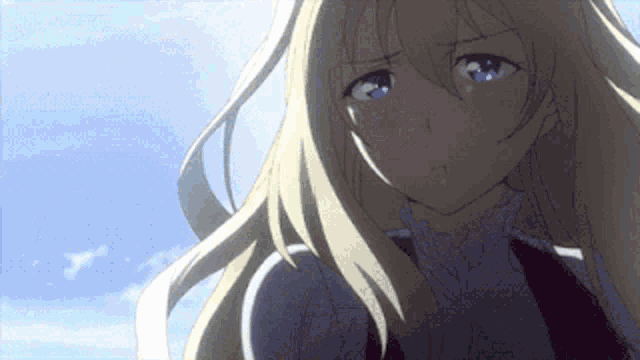 a close up of a blonde anime girl with purple eyes