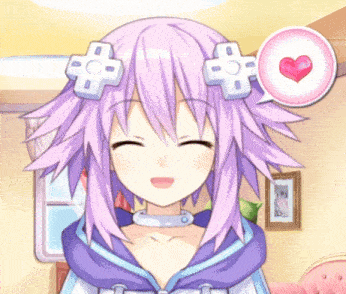 a girl with purple hair has a heart in a speech bubble behind her