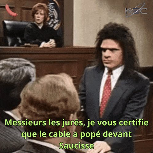 a man in a suit and tie stands in front of a judge with a sausage sticking out of his mouth