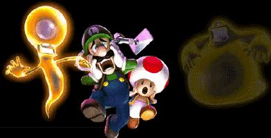 a cartoon of luigi and toad with a ghost and a monster in the background