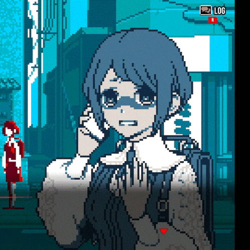 a pixel art drawing of a girl talking on a cell phone with the word log in the corner