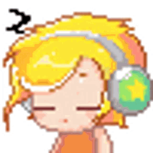 a pixel art illustration of a girl wearing headphones and sleeping .