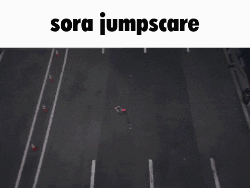 an aerial view of a person riding a skateboard down a street with the words sora jumpscare below them