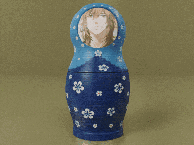 a blue green and orange matryoshka doll with a picture of a girl on it