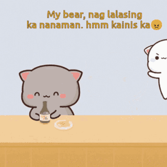 two cartoon cats are sitting at a table with a bottle of beer