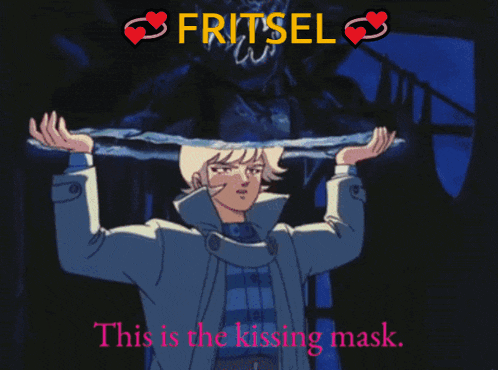a man in a trench coat holds a piece of ice over his head with the words fritsel written above him