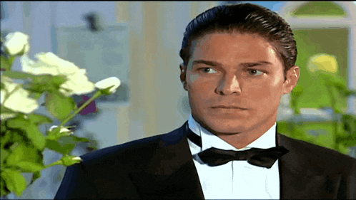 a man in a tuxedo and bow tie stands in front of some flowers
