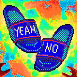 a pixel art of a pair of slippers that say yeah no