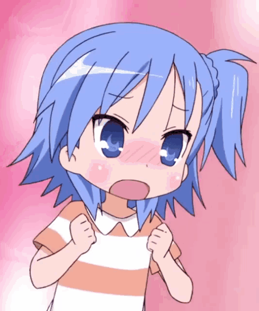a little girl with blue hair and blue eyes is making a funny face