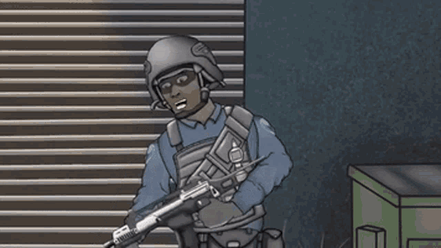 a cartoon of a police officer holding a gun in front of a garage door