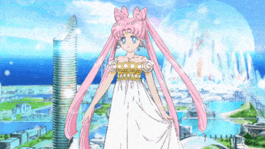a girl in a white dress with pink hair is standing in front of a city