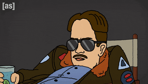 a cartoon of a man wearing sunglasses and holding a glass of water with the letters as above him