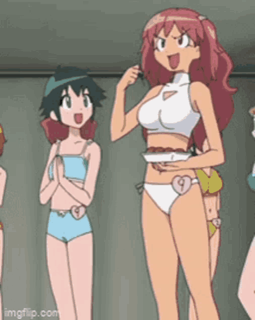a group of anime girls are standing next to each other in bikinis .