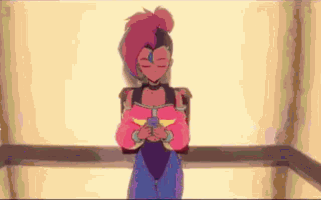 a cartoon girl is holding a cell phone in her hand .