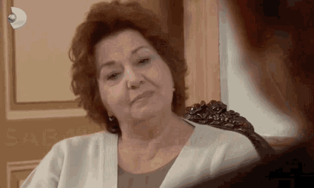 an older woman is sitting in a chair with a tv channel behind her